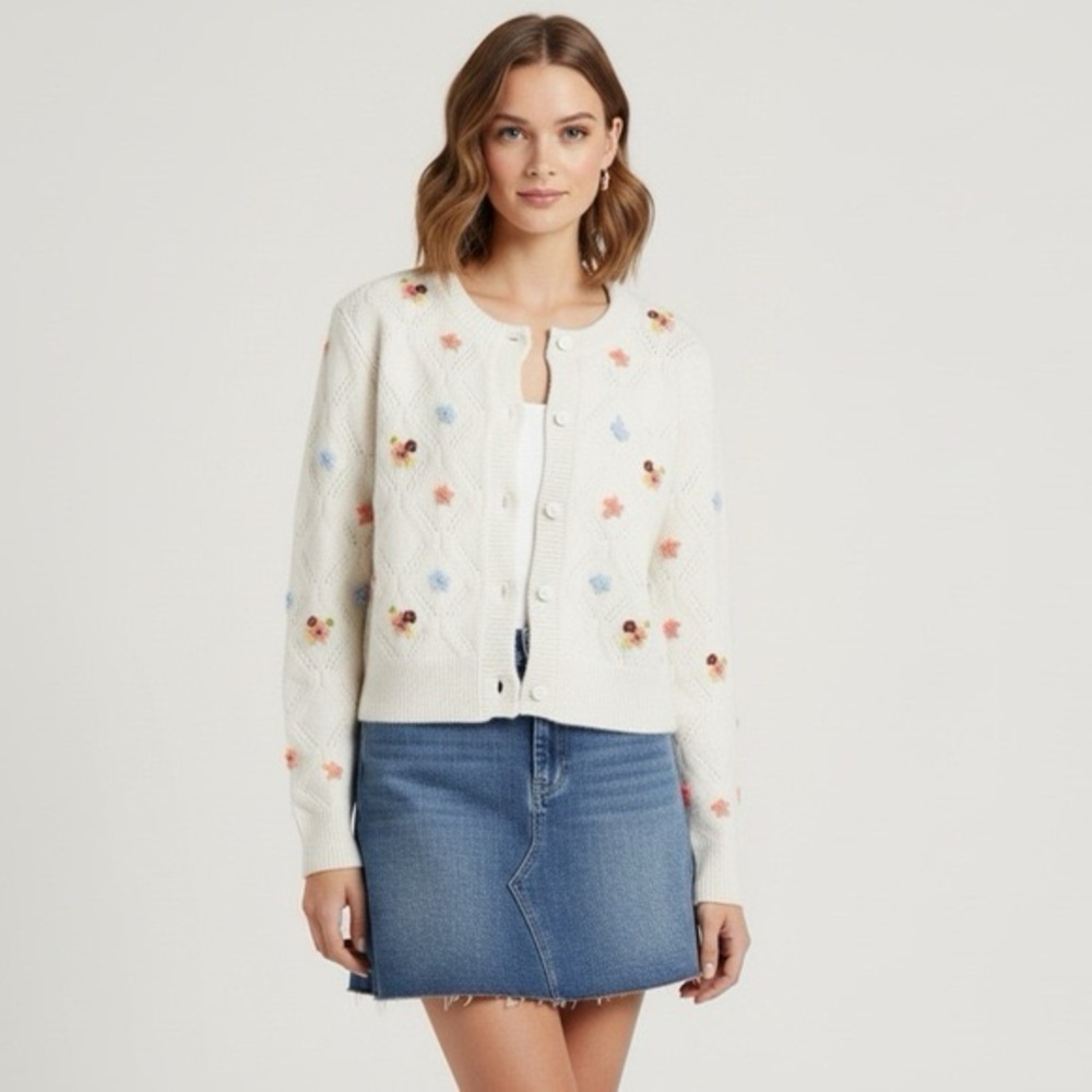 English Factory Floral Handmade Embroidery Knit Cardigan